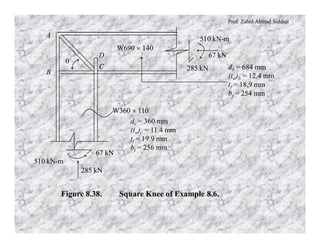 Prof. Zahid Ahmad Siddiqi
285 kN
510 kN-m
67 kN
285 kN
67 kN
510 kN-m
B
A
D
C
q
W360 ´ 110
W690 ´ 140
db = 684 mm
(tw)b = 12.4 mm
tf = 18.9 mm
bf = 254 mm
dc = 360 mm
(tw)c = 11.4 mm
tf = 19.9 mm
bf = 256 mm
Figure 8.38. Square Knee of Example 8.6.
 