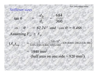 Prof. Zahid Ahmad Siddiqi
Stiffener size:
tan q = =
Þ q = 62.24° and cos q = 0.466
c
b
d
d
360
684
Assuming Fcr @ Fy,
(Ast)req = ú
ú
û
ù
ê
ê
ë
é
´´´´-
´
´
´´
3604.1225060.09.0
68495.0
10510
466.025085.0
1 6
= 1840 mm2
(half area on one side = 920 mm2)
 