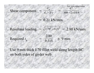 Prof. Zahid Ahmad Siddiqi
Shear component = =
= 0.21 kN/mm
fc
u
td
V
2- 9.192360
67
´-
Resultant loading = = 2.80 kN/mm22
21.079.2 +
Required tw = @ 9 mm315.0
80.2
Use 9 mm thick E70 fillet weld along length BC
on both sides of girder web
 