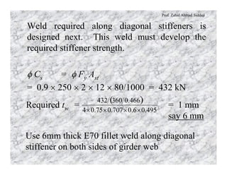 Prof. Zahid Ahmad Siddiqi
Weld required along diagonal stiffeners is
designed next. This weld must develop the
required stiffener strength.
f Cs = f Fy Ast
= 0.9 ´ 250 ´ 2 ´ 12 ´ 80/1000 = 432 kN
Required tw = = 1 mm
say 6 mm
( )
495.06.0707.075.04
466.0360432
´´´´
Use 6mm thick E70 fillet weld along diagonal
stiffener on both sides of girder web
 