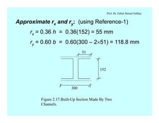 Prof. Dr. Zahid Ahmad Siddiqi
Approximate rx and ry: (using Reference-1)
rx = 0.36 h = 0.36(152) = 55 mm
ry = 0.60 b = 0.60(300 – 2´51) = 118.8 mm
152
300
51
Figure 2.17.Built-Up Section Made By Two
Channels.
 