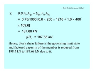 Prof. Dr. Zahid Ahmad Siddiqi
2. 0.6 Fy Agv + Ubs Fu Ant
= 0.75/1000 [0.6 ´ 250 ´ 1216 + 1.0 ´ 400
´ 169.6]
= 187.68 kN
f Rn = 187.68 kN
Hence, block shear failure is the governing limit state
and factored capacity of the member is reduced from
198.5 kN to 187.68 kN due to it.
 