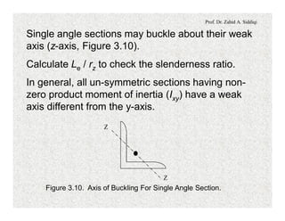 Prof. Dr. Zahid A. Siddiqi
Single angle sections may buckle about their weak
axis (z-axis, Figure 3.10).
Calculate Le / rz to check the slenderness ratio.
In general, all un-symmetric sections having non-
zero product moment of inertia (Ixy) have a weak
axis different from the y-axis.
Z
Z
Figure 3.10. Axis of Buckling For Single Angle Section.
 
