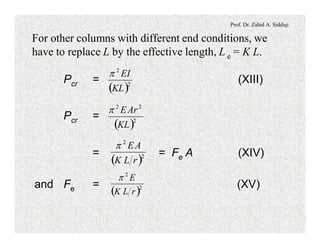 Prof. Dr. Zahid A. Siddiqi
For other columns with different end conditions, we
have to replace L by the effective length, L e = K L.
Pcr = (XIII)
( )2
2
KL
EIp
Pcr =
( )2
22
KL
ArEp
= = Fe A (XIV)
( )2
2
rLK
AEp
and Fe = (XV)
( )2
2
rLK
Ep
 