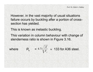 Prof. Dr. Zahid A. Siddiqi
However, in the vast majority of usual situations
failure occurs by buckling after a portion of cross-
section has yielded.
This is known as inelastic buckling.
This variation in column behaviour with change of
slenderness ratio is shown in Figure 3.16.
where Rc = » 133 for A36 steel.
yF
E
71.4
 