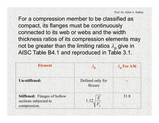 Prof. Dr. Zahid A. Siddiqi
For a compression member to be classified as
compact, its flanges must be continuously
connected to its web or webs and the width
thickness ratios of its compression elements may
not be greater than the limiting ratios lp give in
AISC Table B4.1 and reproduced in Table 3.1.
Element lp lp For A36
Un-stiffened: Defined only for
flexure
-
Stiffened: Flanges of hollow
sections subjected to
compression.
31.8
yF
E
12.1
 