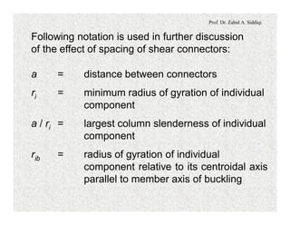 Prof. Dr. Zahid A. Siddiqi
Following notation is used in further discussion
of the effect of spacing of shear connectors:
a = distance between connectors
ri = minimum radius of gyration of individual
component
a / ri = largest column slenderness of individual
component
rib = radius of gyration of individual
component relative to its centroidal axis
parallel to member axis of buckling
 