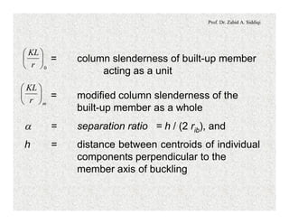 Prof. Dr. Zahid A. Siddiqi
= column slenderness of built-up member
acting as a unit
= modified column slenderness of the
built-up member as a whole
a = separation ratio = h / (2 rib), and
h = distance between centroids of individual
components perpendicular to the
member axis of buckling
0
÷
ø
ö
ç
è
æ
r
KL
mr
KL
÷
ø
ö
ç
è
æ
 