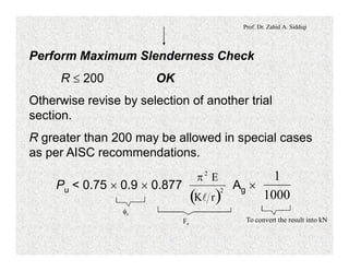 Prof. Dr. Zahid A. Siddiqi
Perform Maximum Slenderness Check
R £ 200 OK
Otherwise revise by selection of another trial
section.
R greater than 200 may be allowed in special cases
as per AISC recommendations.
Fe
fc
To convert the result into kN
Pu < 0.75 ´ 0.9 ´ 0.877 Ag ´
( )
p2
2
E
K rl 1000
1
 