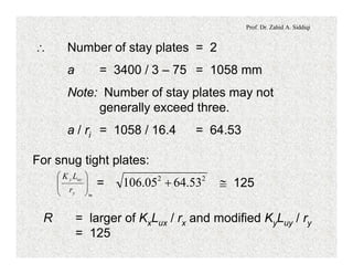 Prof. Dr. Zahid A. Siddiqi
 Number of stay plates = 2
a = 3400 / 3 – 75 = 1058 mm
Note: Number of stay plates may not
generally exceed three.
a / ri = 1058 / 16.4 = 64.53
For snug tight plates:
= @ 125
my
uyy
r
LK
÷
÷
ø
ö
ç
ç
è
æ 22
53.6405.106 +
R = larger of KxLux / rx and modified KyLuy / ry
= 125
 