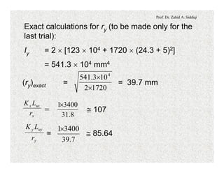 Prof. Dr. Zahid A. Siddiqi
Exact calculations for ry (to be made only for the
last trial):
Iy = 2 ´ [123 ´ 104 + 1720 ´ (24.3 + 5)2]
= 541.3 ´ 104 mm4
(ry)exact = = 39.7 mm
17202
103.541 4
´
´
= @ 107
x
uxx
r
LK
8.31
34001´
= @ 85.64
y
uyy
r
LK
7.39
34001´
 