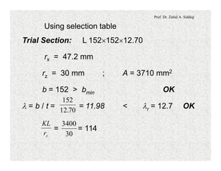 Prof. Dr. Zahid A. Siddiqi
Using selection table
Trial Section: L 152´152´12.70
rx = 47.2 mm
rz = 30 mm ; A = 3710 mm2
b = 152 > bmin OK
l = b / t = = 11.98 < lr = 12.7 OK
152
12 70.
= = 114
zr
KL
30
3400
 