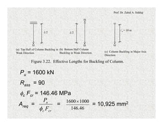 Prof. Dr. Zahid A. Siddiqi
(a) Top Half of Column Buckling in
Weak Direction.
Lu = 10 m
(b) Bottom Half Column
Buckling in Weak Direction. (c) Column Buckling in Major Axis
Direction.
L/2 L/2
Figure 3.22. Effective Lengths for Buckling of Column.
Pu = 1600 kN
Rass = 90
fc Fcr = 146.46 MPa
Areq = = = 10,925 mm2
crc
u
F
P
f 46.146
10001600´
 