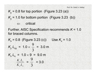 Prof. Dr. Zahid A. Siddiqi
Ky = 0.8 for top portion (Figure 3.23 (a))
Ky = 1.0 for bottom portion (Figure 3.23 (b))
Ü critical
Further, AISC Specification recommends K = 1.0
for braced columns.
Kx = 0.8 (Figure 3.23 (c)) Use Kx = 1.0
Ky Luy = 1.0 ´ = 3.0 m
3
9
Kx Lx = 1.0 ´ 9 = 9.0 m
= = 3.0
yy
xx
LK
LK
3
9
 