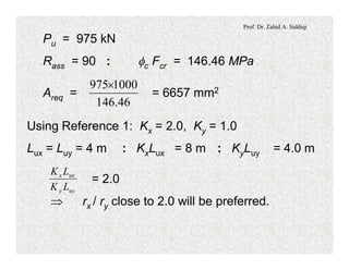 Prof. Dr. Zahid A. Siddiqi
Pu = 975 kN
Rass = 90 : fc Fcr = 146.46 MPa
Areq = = 6657 mm2
46.146
1000975´
Using Reference 1: Kx = 2.0, Ky = 1.0
Lux = Luy = 4 m : KxLux = 8 m : KyLuy = 4.0 m
= 2.0
Þ rx / ry close to 2.0 will be preferred.
uyy
uxx
LK
LK
 