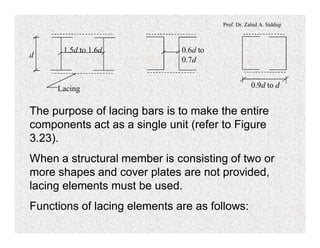 Prof. Dr. Zahid A. Siddiqi
Lacing
1.5d to 1.6d
d
0.6d to
0.7d
0.9d to d
The purpose of lacing bars is to make the entire
components act as a single unit (refer to Figure
3.23).
When a structural member is consisting of two or
more shapes and cover plates are not provided,
lacing elements must be used.
Functions of lacing elements are as follows:
 