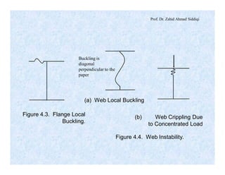 Prof. Dr. Zahid Ahmad Siddiqi
Buckling is
diagonal
perpendicular to the
paper
Figure 4.3. Flange Local
Buckling.
(a) Web Local Buckling
(b) Web Crippling Due
to Concentrated Load
Figure 4.4. Web Instability.
 