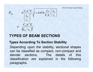 Prof. Dr. Zahid Ahmad Siddiqi
Fcr = ÷÷
ø
ö
çç
è
æ
+
÷÷
ø
ö
çç
è
æ ts
b
ox
ts
b
b
r
L
hS
cJ
r
L
EC
078.012
2
p
»
( )2
2
/ tsb
b
rL
EC p
TYPES OF BEAM SECTIONS
Types According To Section Stability
Depending upon the stability, sectional shapes
can be classified as compact, non-compact and
slender sections. The details of this
classification are explained in the following
paragraphs.
 