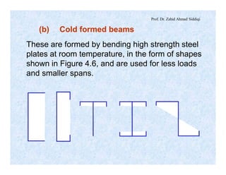 Prof. Dr. Zahid Ahmad Siddiqi
(b) Cold formed beams
These are formed by bending high strength steel
plates at room temperature, in the form of shapes
shown in Figure 4.6, and are used for less loads
and smaller spans.
 