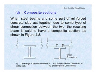 Prof. Dr. Zahid Ahmad Siddiqi
(d) Composite sections
When steel beams and some part of reinforced
concrete slab act together due to some type of
shear connection between the two, the resulting
beam is said to have a composite section, as
shown in Figure 4.8.
a) Top Flange of Beam Embedded
in RC Slab.
b) Top Flange of Beam Connected to
RC Slab By Shear Connections.
Shear
Connectors
 
