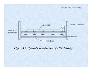 Prof. Dr. Zahid Ahmad Siddiqi
Shear Connectors
Stringer
Floor Beam
Truss or
Plate Girder
R.C. Slab
Figure 4.2. Typical Cross-Section of a Steel Bridge.
 