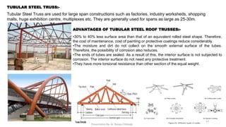 Tubular Steel Truss are used for large span constructions such as factories, industry worksheds, shopping
malls, huge exhibition centre, multiplexes etc. They are generally used for spans as large as 25-30m.
TUBULAR STEEL TRUSS:-
ADVANTAGES OF TUBULAR STEEL ROOF TRUSSES:-
•30% to 40% less surface area than that of an equivalent rolled steel shape. Therefore,
the cost of maintenance, cost of painting or protective coatings reduce considerably.
•The moisture and dirt do not collect on the smooth external surface of the tubes.
Therefore, the possibility of corrosion also reduces.
•The ends of tubes are sealed. As a result of this, the interior surface is not subjected to
corrosion. The interior surface do not need any protective treatment.
•They have more torsional resistance than other section of the equal weight.
Presentation By- Ar. Roopa Chikkalgi
13
 