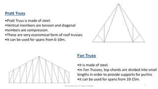 Pratt Truss
•Pratt Truss is made of steel.
•Vertical members are tension and diagonal
members are compression.
•These are very economical form of roof trusses.
•It can be used for spans from 6-10m.
Fan Truss
•It is made of steel.
•In Fan Trusses, top chords are divided into small
lengths in order to provide supports for purlins
•It can be used for spans from 10-15m.
Presentation By- Ar. Roopa Chikkalgi 9
 