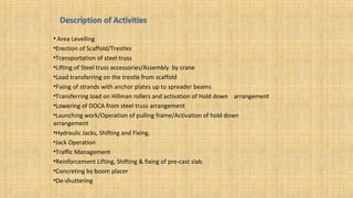 • Area Levelling
•Erection of Scaffold/Trestles
•Transportation of steel truss
•Lifting of Steel truss accessories/Assembly by crane
•Load transferring on the trestle from scaffold
•Fixing of strands with anchor plates up to spreader beams
•Transferring load on Hillman rollers and activation of Hold down arrangement
•Lowering of DOCA from steel truss arrangement
•Launching work/Operation of pulling frame/Activation of hold down
arrangement
•Hydraulic Jacks, Shifting and Fixing.
•Jack Operation
•Traffic Management
•Reinforcement Lifting, Shifting & fixing of pre-cast slab.
•Concreting by boom placer
•De-shuttering
 