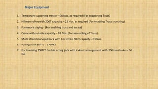 1. Temporary supporting trestle – 08 Nos. as required (For supporting Truss)
2. Hillman rollers with 200T capacity – 22 Nos. as required (For enabling Truss launching)
3. Formwork staging - (For enabling truss and access)
4. Crane with suitable capacity – 01 Nos. (For assembling of Truss)
5. Multi Strand monopull Jack with 1m stroke 50mt capacity– 03 Nos.
6. Pulling strands HTS – 170RM
7. For lowering 200MT double acting jack with locknut arrangement with 200mm stroke – 06
No
 
