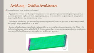 Ανάλυση – Στάδια Αναλύσεων
14
 Επιτυγχάνονται τρία στάδια αναλύσεων:
• Αρχικά στο σύνολο των διατομών τοιχωμάτων, υπό μονότονη και ανακυκλιζόμενη οριζόντια
φόρτιση, με σκοπό τη διερεύνηση της συμπεριφοράς τους κατά την κλιμακούμενη αύξηση του
πάχους χάλυβα και της λυγηρότητάς τους.
• Σε καθαρή σύνθλιψη, για τον υπολογισμό του οριακού θλιπτικού φορτίου σε χαρακτηριστικά
δοκίμια με πάχος χάλυβα (4, 5, 8 mm)
• Σε επαναλαμβανόμενες και διαδοχικές επιλύσεις ανά στάθμη αξονικού φορτίου (με βήμα 10%
Nu) στα δοκίμια με πάχος χάλυβα (4, 5, 8 mm), για ανίχνευση της συμπεριφοράς του τοιχώματος
κατά την αλληλεπίδραση των αξονικών και οριζόντιων φορτίων.
 