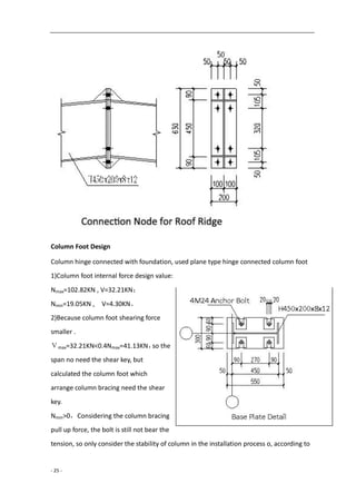 - 25 -
Column Foot Design
Column hinge connected with foundation, used plane type hinge connected column foot
1)Column foot internal force design value:
Nmax=102.82KN , V=32.21KN；
Nmin=19.05KN , V=4.30KN。
2)Because column foot shearing force
smaller .
Ｖmax=32.21KN<0.4Nmax=41.13KN，so the
span no need the shear key, but
calculated the column foot which
arrange column bracing need the shear
key.
Nmin>0，Considering the column bracing
pull up force, the bolt is still not bear the
tension, so only consider the stability of column in the installation process o, according to
 