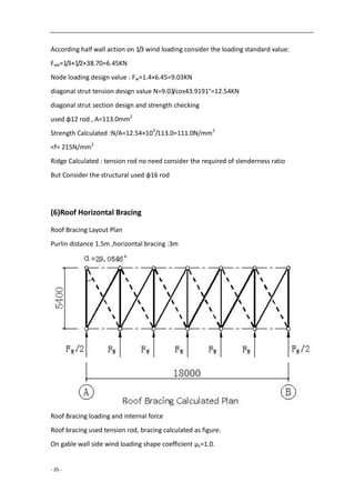 - 35 -
According half wall action on 1/3 wind loading consider the loading standard value:
Fwk=1/3×1/2×38.70=6.45KN
Node loading design value : Fw=1.4×6.45=9.03KN
diagonal strut tension design value N=9.03/cos43.9191°=12.54KN
diagonal strut section design and strength checking
used φ12 rod , A=113.0mm2
Strength Calculated :N/A=12.54×103
/113.0=111.0N/mm2
<f= 215N/mm2
Ridge Calculated : tension rod no need consider the required of slenderness ratio
But Consider the structural used φ16 rod
(6)Roof Horizontal Bracing
Roof Bracing Layout Plan
Purlin distance 1.5m ,horizontal bracing :3m
Roof Bracing loading and internal force
Roof bracing used tension rod, bracing calculated as figure.
On gable wall side wind loading shape coefficient μs=1.0.
 