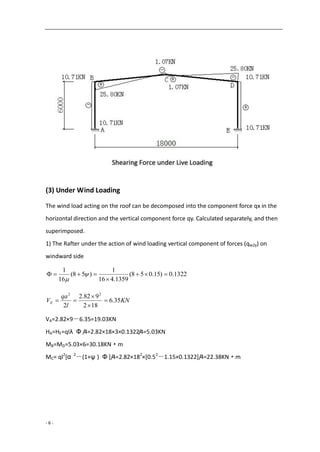 - 6 -
(3) Under Wind Loading
The wind load acting on the roof can be decomposed into the component force qx in the
horizontal direction and the vertical component force qy. Calculated separately, and then
superimposed.
1) The Rafter under the action of wind loading vertical component of forces (qw2y) on
windward side
1322.0)15.058(
1359.416
1
)58(
16
1


 

KN
l
qa
VE 35.6
182
982.2
2
22




VA=2.82×9－6.35=19.03KN
HA=HE=qlλ Φ /4=2.82×18×3×0.1322/4=5.03KN
MB=MD=5.03×6=30.18KN·m
MC= ql2
[α 2
－(1+ψ ) Φ ]/4=2.82×182
×[0.52
－1.15×0.1322]/4=22.38KN·m
 