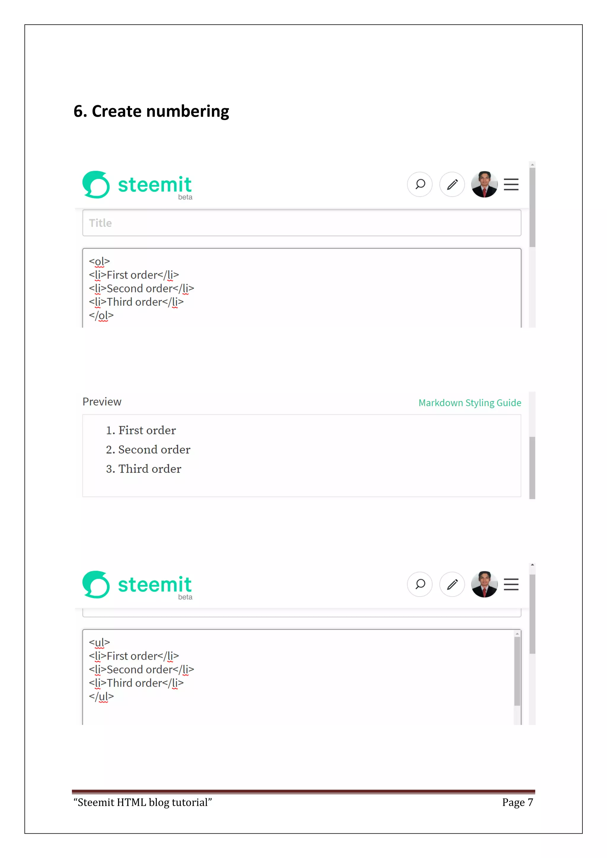 “Steemit HTML blog tutorial” Page 7
6. Create numbering