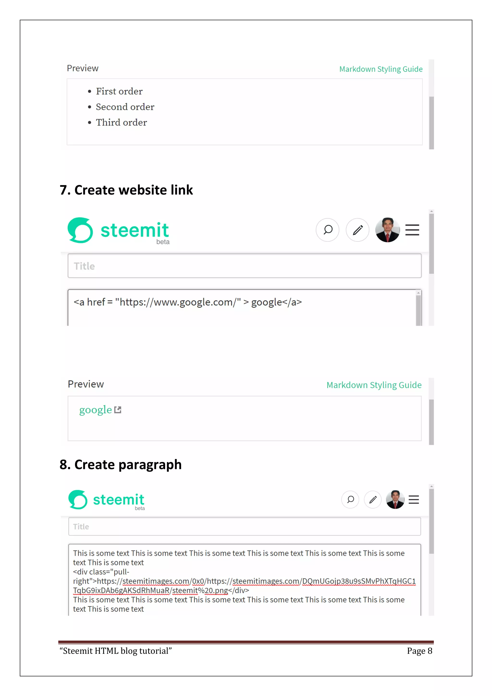 “Steemit HTML blog tutorial” Page 8
7. Create website link
8. Create paragraph