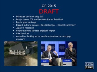 42 
OP-2015 
DRAFT 
• UK House prices to drop 20% 
• Draghi leaves ECB and becomes Italian President 
• Russia goes bankrupt 
• Biggest Vulcano eurupts –Bárðarbunga – Cancel summer? 
• Japan in recession 
• Corporate bond spreads explodes higher 
• CNY devalues 
• Australian Banking sector needs restructure on mortgage 
exposure 
 