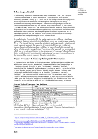 Is Zero Energy Achievable?

In determining the level of ambition to set in the recast of the EPBD, the European
Commission undertook an Impact Assessment.1 Several options were assessed,
including Option D4: Setting up EU–wide low or zero energy/carbon buildings/passive
house requirements. Compared to the other options for improving the energy
performance of buildings assessed by the Commission, this option gave by far the
largest energy and carbon savings and resulted in the largest number of jobs created
(240,000-580,000). It also had a low administrative burden. However, they considered it
may not be practical to introduce low energy building requirements in the short-term in
all Member States, due to the pertaining low penetration rates, higher costs, lack of
trained professionals and low readiness of the construction industry to deliver large
quantities of low energy buildings in all EU Member States.

In conclusion, the Commission felt that such a requirement would pose a significant
challenge to the construction industry to build such homes and would increase prices by
7% to 15%. It would also not respect the subsidiarity and proportionality principles, as it
would require investments that are not in all cases cost-efficient and would create
burdens for national budgets as they would have to support households that could not
afford to build such low energy homes. Therefore, a softer approach was recommended,
which was to include an obligation for the development of 'roadmaps,' wherein Member
States would show their commitment toward achieving low energy/emission houses in
the future and the concrete measures they plan to undertake.

Progress Towards Low & Zero Energy Buildings in EU Member States

A comprehensive description of the progress toward very low energy buildings across
all Member States (together with Croatia, Norway and Switzerland) can be found in
“European National Strategies to move Towards Very Low Energy Buildings,2”
published by SBi, the Danish Building Research Institute at Aalborg University in 2008.
A more detailed analysis in five Member States (Denmark, France, Germany, The
Netherlands, and United Kingdom) can be found in “Towards very low energy
buildings3”, also published by SBi, in February 2009. The table below shows those
countries with existing commitments, or proposals, to adopt low/zero energy building
codes. Note that the level of aspiration, the way in which it is defined and the steps and
timescales in which it is to be achieved vary considerably from country to country.

Selected National Targets for New Buildings
Country                   Target
Denmark                   75% by 2020 (c.f. base year 2006)
Finland                   Passive house standards by 2015
France                    By 2020 new buildings are energy-positive
Germany                   By 2020 buildings should be operating without fossil fuel
Hungary                   Zero emissions by 2020
Ireland                   Net zero energy buildings by 2013
Netherlands               Energy-neutral by 2020 (proposed)
Norway                    Passive house standards by 2017
UK (England &Wales)       Zero carbon as of 2016 (see box overleaf)
Adapted from: SBi (Danish Building Research Institute), “European National Strategies
to move towards very low energy buildings”, 2008



1
    http://ec.europa.eu/energy/strategies/2008/doc/2008_11_ser2/buildings_impact_assesment.pdf
2
 http://www.euroace.org/EuroACE%20documents/080313%20SBI%20Survey%20-
%20European%20national%20strategies%20to%20move%20towards%20very%20low%20energy%20buildi
ngs%20-%20March%202008.pdf
3
    http://www.sbi.dk/miljo-og-energi/lavenergibyggeri/towards-very-low-energy-buildings


2 (21)
 