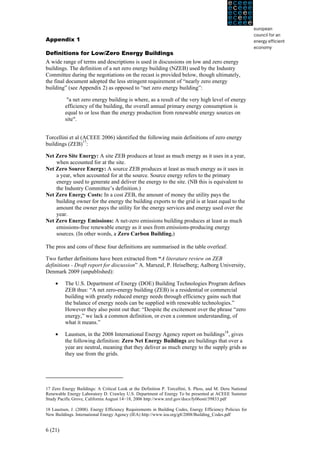 Appendix 1

Definitions for Low/Zero Energy Buildings
A wide range of terms and descriptions is used in discussions on low and zero energy
buildings. The definition of a net zero energy building (NZEB) used by the Industry
Committee during the negotiations on the recast is provided below, though ultimately,
the final document adopted the less stringent requirement of “nearly zero energy
building” (see Appendix 2) as opposed to “net zero energy building”:

           "a net zero energy building is where, as a result of the very high level of energy
          efficiency of the building, the overall annual primary energy consumption is
          equal to or less than the energy production from renewable energy sources on
          site".


Torcellini et al (ACEEE 2006) identified the following main definitions of zero energy
buildings (ZEB)17:

Net Zero Site Energy: A site ZEB produces at least as much energy as it uses in a year,
    when accounted for at the site.
Net Zero Source Energy: A source ZEB produces at least as much energy as it uses in
    a year, when accounted for at the source. Source energy refers to the primary
    energy used to generate and deliver the energy to the site. (NB this is equivalent to
    the Industry Committee’s definition.)
Net Zero Energy Costs: In a cost ZEB, the amount of money the utility pays the
    building owner for the energy the building exports to the grid is at least equal to the
    amount the owner pays the utility for the energy services and energy used over the
    year.
Net Zero Energy Emissions: A net-zero emissions building produces at least as much
    emissions-free renewable energy as it uses from emissions-producing energy
    sources. (In other words, a Zero Carbon Building.)

The pros and cons of these four definitions are summarised in the table overleaf.

Two further definitions have been extracted from “A literature review on ZEB
definitions - Draft report for discussion” A. Marszal, P. Heiselberg; Aalborg University,
Denmark 2009 (unpublished):

     •    The U.S. Department of Energy (DOE) Building Technologies Program defines
          ZEB thus: “A net zero-energy building (ZEB) is a residential or commercial
          building with greatly reduced energy needs through efficiency gains such that
          the balance of energy needs can be supplied with renewable technologies.”
          However they also point out that: “Despite the excitement over the phrase “zero
          energy,” we lack a common definition, or even a common understanding, of
          what it means.”

     •    Laustsen, in the 2008 International Energy Agency report on buildings18, gives
          the following definition: Zero Net Energy Buildings are buildings that over a
          year are neutral, meaning that they deliver as much energy to the supply grids as
          they use from the grids.




17 Zero Energy Buildings: A Critical Look at the Definition P. Torcellini, S. Pless, and M. Deru National
Renewable Energy Laboratory D. Crawley U.S. Department of Energy To be presented at ACEEE Summer
Study Pacific Grove, California August 14−18, 2006 http://www.nrel.gov/docs/fy06osti/39833.pdf

18 Laustsen, J. (2008). Energy Efficiency Requirements in Building Codes, Energy Efficiency Policies for
New Buildings. International Energy Agency (IEA) http://www.iea.org/g8/2008/Building_Codes.pdf


6 (21)
 