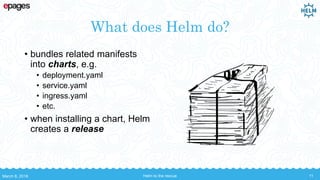 What does Helm do?
• bundles related manifests
into charts, e.g.
• deployment.yaml
• service.yaml
• ingress.yaml
• etc.
• when installing a chart, Helm
creates a release
March 8, 2018 Helm to the rescue 11
 