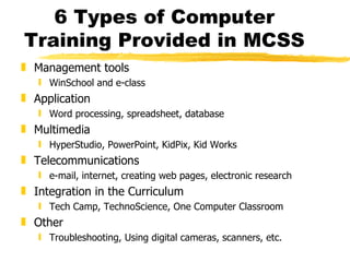 6 Types of Computer Training Provided in MCSS ,[object Object],[object Object],[object Object],[object Object],[object Object],[object Object],[object Object],[object Object],[object Object],[object Object],[object Object],[object Object]