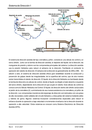 Sistema de Dirección1
Rev:0 01.01.2007 5 STST-1ST8K
El sistema de dirección asistida del tipo cremallera y piñón, consiste en una válvula de control y un
servo cilindro. Junto con la bomba de dirección asistida, el depósito del líquido de la dirección, las
mangueras de presión y retorno son los componentes principales del sistema. La dirección asistida
usa la presión hidráulica para reducir el esfuerzo de la dirección. Facilitando al conductor la
operación del volante de dirección. El esfuerzo de la dirección es generalmente de 20N a 39N. En
adición a esto, el sistema de dirección asistida ofrece gran estabilidad durante la conducción y
prevención de golpes desde las irregularidades de la superficie del camino, que de otra manera
serian transmitidas al volante de dirección. El líquido de la dirección hidráulica es bombeado desde
la bomba de dirección a la válvula de control, donde el líquido es dirigido al lado derecho o izquierdo
del servo cilindro, dependiendo de la dirección en que se gire el volante. Esta válvula de control se
conoce como la Válvula Hidráulica de Control. El líquido de dirección dentro del cilindro actúa sobre
el pistón de la cremallera (2), suministrando de esa manera asistencia a la cremallera y al piñón de
la dirección. Los componentes mecánicos del engranaje de dirección son lubricados con una grasa
de alta viscosidad y están sellados del circuito hidráulico y otras partes del sistema mediante sellos
y retenes de goma. Algunos sistemas incorporan consideraciones especiales para reducir el
esfuerzo durante la operación a baja velocidad e incrementar el esfuerzo de la dirección durante la
operación a alta velocidad. Estos sistemas se conocen como Sistema Electrónico de Dirección
Asistida (EPS).
 