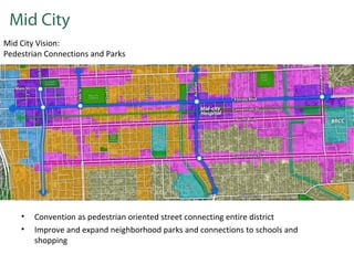 Mid City
Mid City Vision:
Pedestrian Connections and Parks

•
•

Convention as pedestrian oriented street connecting entire district
Improve and expand neighborhood parks and connections to schools and
shopping

 