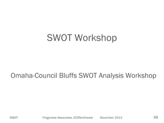 SWOT Workshop

Omaha-Council Bluffs SWOT Analysis Workshop

SWOT

Fregonese Associates, ECONorthwest

November 2012

68

 