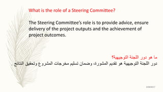 What is the role of a Steering Committee?
The Steering Committee’s role is to provide advice, ensure
delivery of the project outputs and the achievement of
project outcomes.
‫التوجيهية؟‬ ‫اللجنة‬ ‫دور‬ ‫هو‬ ‫ما‬
‫النتائج‬ ‫وتحقيق‬ ‫المشروع‬ ‫مخرجات‬ ‫تسليم‬ ‫وضمان‬ ،‫المشورة‬ ‫تقديم‬ ‫هو‬ ‫التوجيهية‬ ‫اللجنة‬ ‫دور‬.
2/26/2017
 