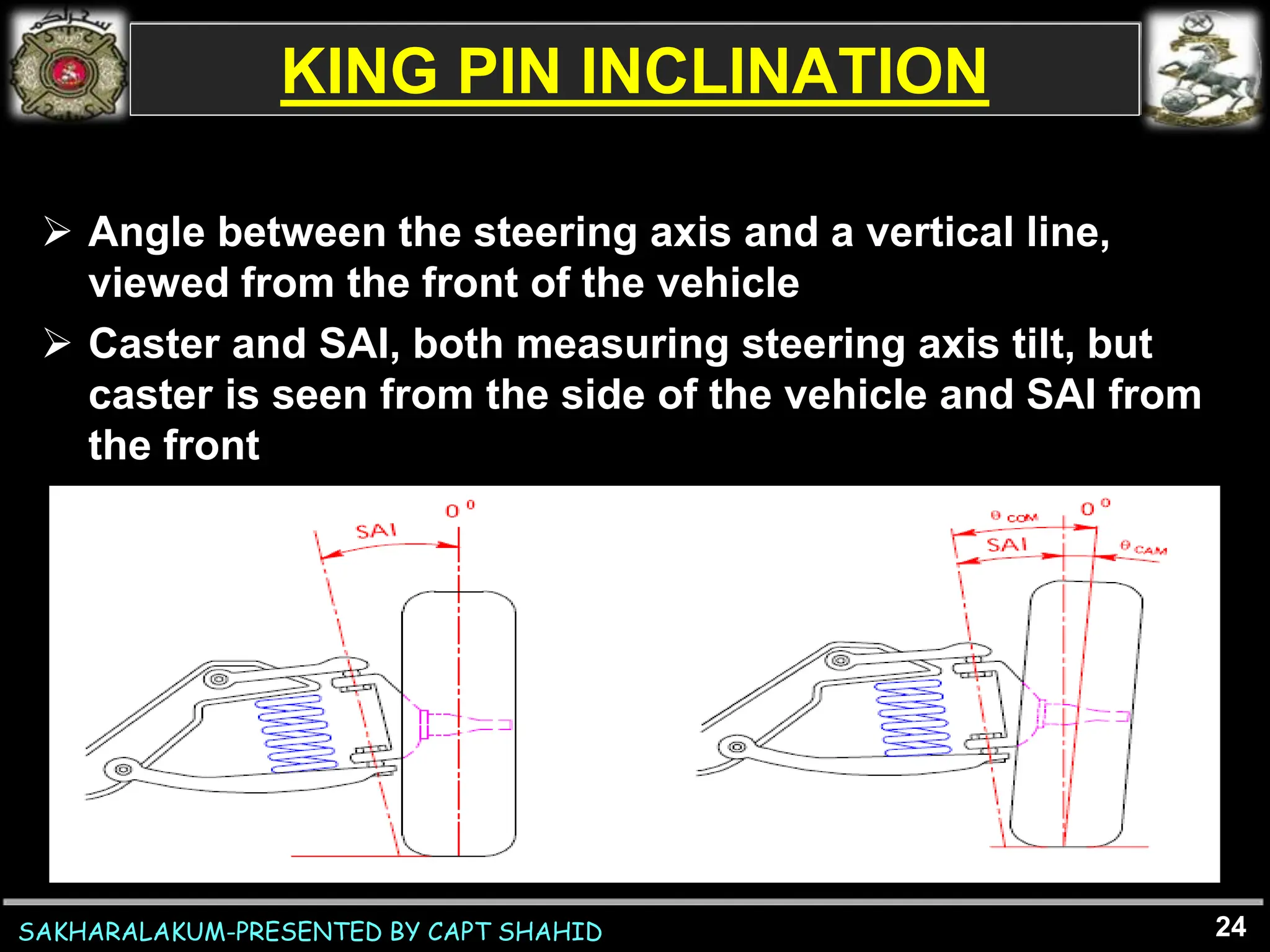 SAKHARALAKUM-PRESENTED BY CAPT SHAHID
KING PIN INCLINATION
 Angle between the steering axis and a vertical line,
viewed from the front of the vehicle
 Caster and SAI, both measuring steering axis tilt, but
caster is seen from the side of the vehicle and SAI from
the front
24
 