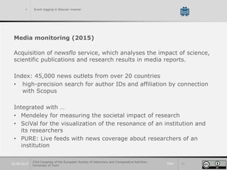 Slide 1120.09.2019
> Event logging in Elsevier manner
Media monitoring (2015)
Acquisition of newsflo service, which analyses the impact of science,
scientific publications and research results in media reports.
Index: 45,000 news outlets from over 20 countries
• high-precision search for author IDs and affiliation by connection
with Scopus
Integrated with …
• Mendeley for measuring the societal impact of research
• SciVal for the visualization of the resonance of an institution and
its researchers
• PURE: Live feeds with news coverage about researchers of an
institution
23rd Congress of the European Society of Veterinary and Comparative Nutrition.
University of Turin
 
