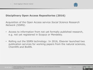 Slide 1320.09.2019
> Event logging in Elsevier manner
Disciplinary Open Access Repositories (2016)
Acquisition of the Open Access service Social Science Research
Network (SSRN).
• Access to information from not yet formally published research,
e.g. not yet registered in Scopus or Mendeley.
• Rolling out the SSRN technology: In 2016, Elsevier launched two
publication services for working papers from the natural sciences,
ChemRN and BioRN.
23rd Congress of the European Society of Veterinary and Comparative Nutrition.
University of Turin
 