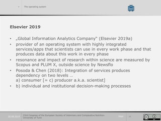 Slide 2820.09.2019
> The operating system
Elsevier 2019
• „Global Information Analytics Company“ (Elsevier 2019a)
• provider of an operating system with highly integrated
services/apps that scientists can use in every work phase and that
produces data about this work in every phase
• resonance and impact of research within science are measured by
Scopus and PLUM X, outside science by Newsflo
• Posoda & Chen (2018): Integration of services produces
dependency on two levels …
a) consumer [= c) producer a.k.a. scientist]
• b) individual and institutional decision-making processes
23rd Congress of the European Society of Veterinary and Comparative Nutrition.
University of Turin
 