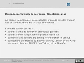 Slide 2920.09.2019
> The operating system
Dependence through Convenience: Googleisierung?
An escape from Google's data collection mania is possible through
loss of comfort, there are discrete alternatives.
Scientists cannot escape :
• scientists have to publish in prestigious journals
• scientists increasingly have to publish their data
• publishers and authors are aiming for indexation in Scopus
• publications are tracked by Elsevier anyway (and in every way):
Mendeley Libraries, PLUM X (via Twitter, etc.), Newsflo
23rd Congress of the European Society of Veterinary and Comparative Nutrition.
University of Turin
 