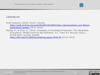 Slide 4420.09.2019
> Steering science through Output Indicators & Data Capitalism
Literature
PLUM Analytics (2016). PlumX +Grants.
https://web.archive.org/web/20160419235843/http://plumanalytics.com:80/pro
ducts/plumx-grants [04.01.2019].
Posada, A., & Chen, G. (2018). Inequality in Knowledge Production: The Integration
of Academic Infrastructure by Big Publishers. In L. Chan & P. Mounier (Hrsg.),
ELPUB 2018. Toronto, Canada.
https://doi.org/10.4000/proceedings.elpub.2018.30 [04.01.2019]
23rd Congress of the European Society of Veterinary and Comparative Nutrition.
University of Turin
 